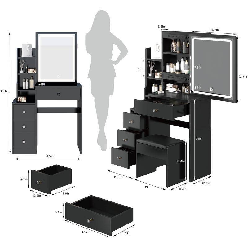 Modern Style Wood Make up Vanity with Lights,Make up Organizer with Cushioned Stool