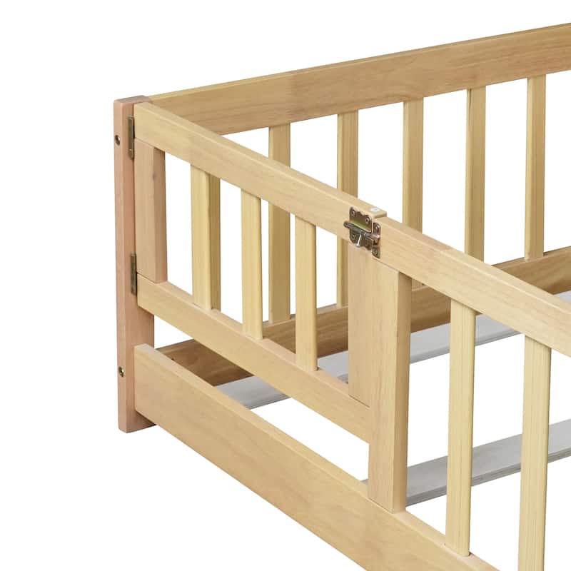 Queen Size Floor Bed with Fence,Door,Rubber Wood Floor Bed with Safety Guardrails