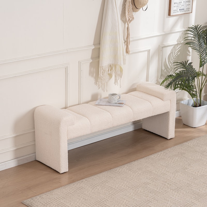 54" Boucle Bedroom Bench with Channel Tufted Modern Entryway Bench Window Bench End of Bed Bench - Curved Arm - Ivory