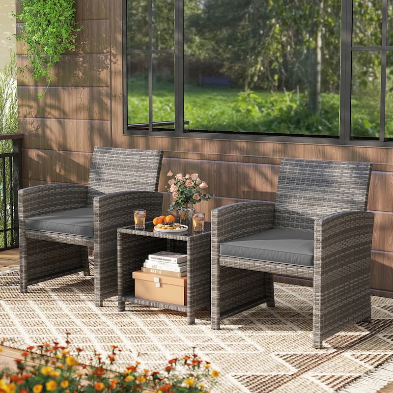 Gymax 3 Pieces Patio Furniture Set PE Rattan Chairs Set w/ Storage