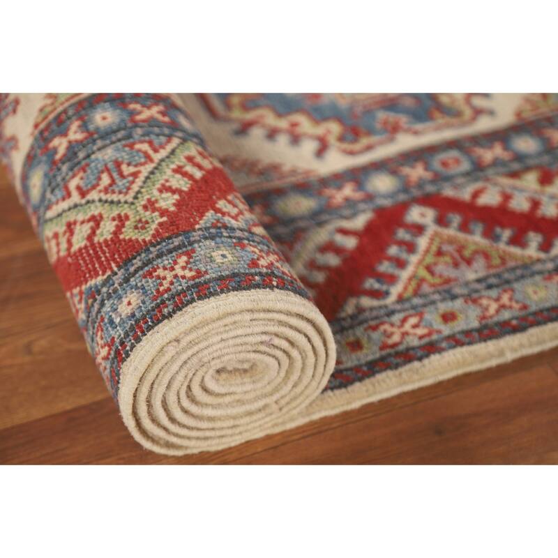 Geometric Kazak Runner Rug Handmade Beige Wool Carpet - 2'7" x 15'6"