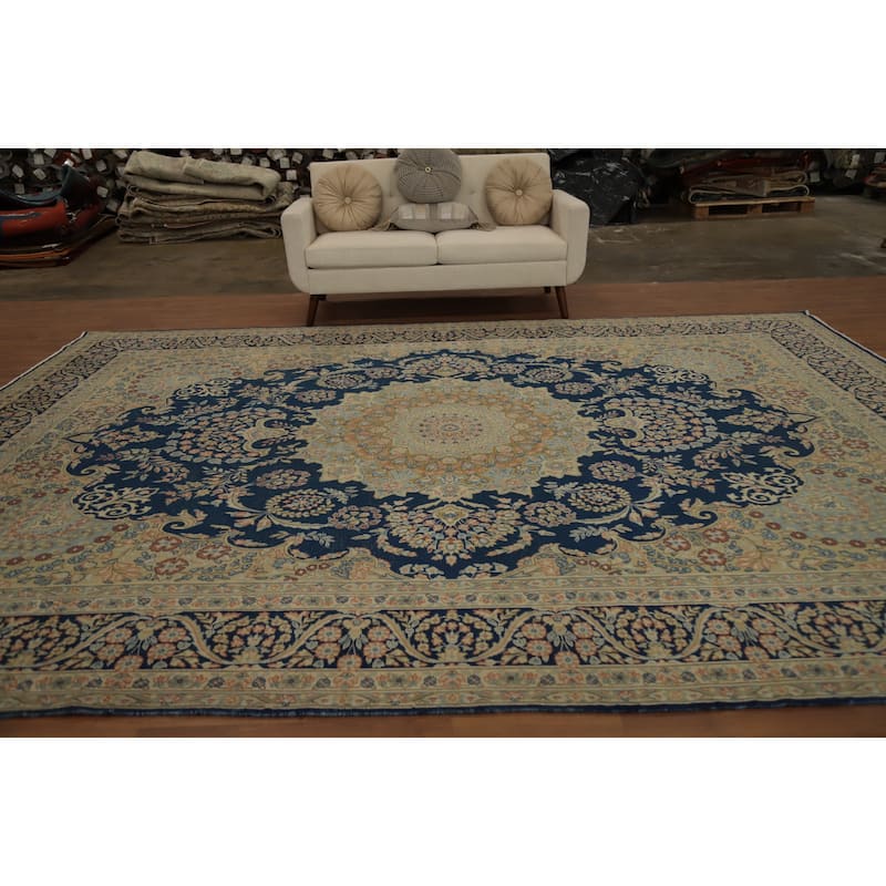 Hand Knotted Oriental 100% Wool Carpet Traditional Floral Navy Blue & Blues Kerman Area Rug - 13' 4'' X 10' 0''
