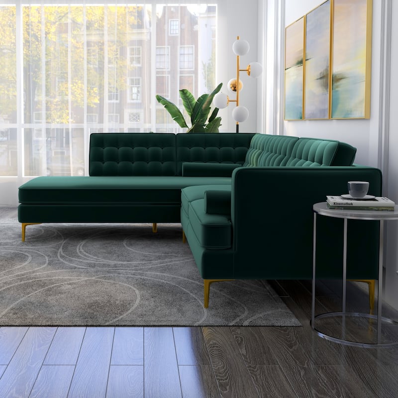 Caterina Velvet Modern Tufted Living Room Corner Sectional Sofa in Dark Green