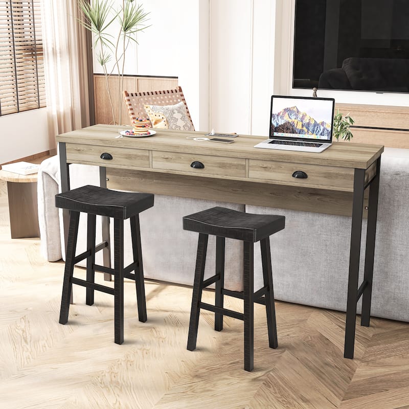31" Antique Black Solid Wood Backless Saddle Counter Height Bar Stool Set of 2