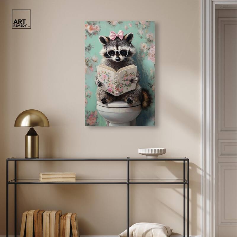 Petite Floral Toilet Raccoon Canvas by Art Remedy, Gallery Wrapped