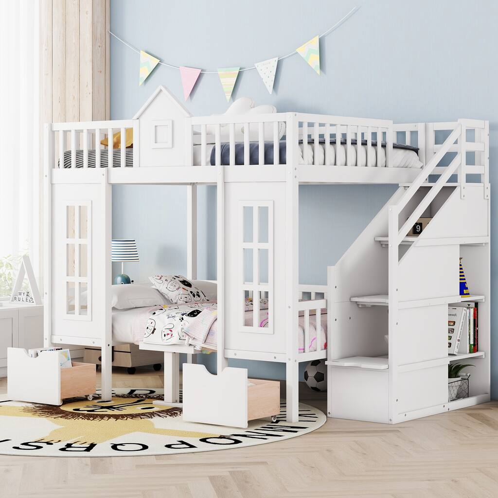 White Full Pine Castle Bunk Bed with Windows, Slide, Playhouse
