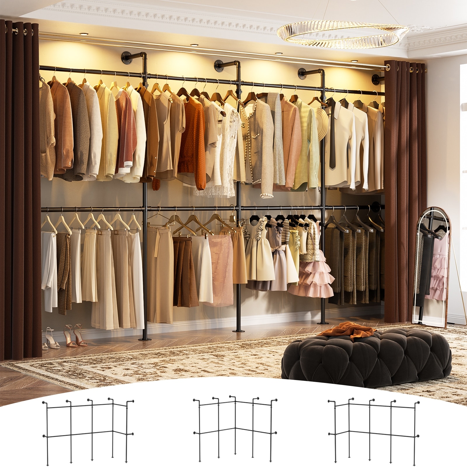 38- 153 Wide Heavy-Duty Wall-Mounted Garment Rack, Pipe Clothes Hanging Rods Closet System