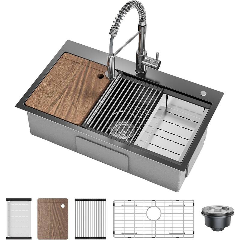 30"X18"X9" Undermount Kitchen Drop In Sink for Easy Installation with Faucet - Black