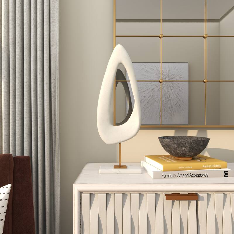 White Polystone Cut-Out Abstract Decorative Sculpture with Marble Stand