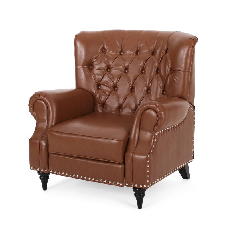 Classic Curled Arm Single Sofa Chair, Tufted Wide Back Recliner with Retractable Footrest Accent Chair with Rivet Trim&Wood Legs