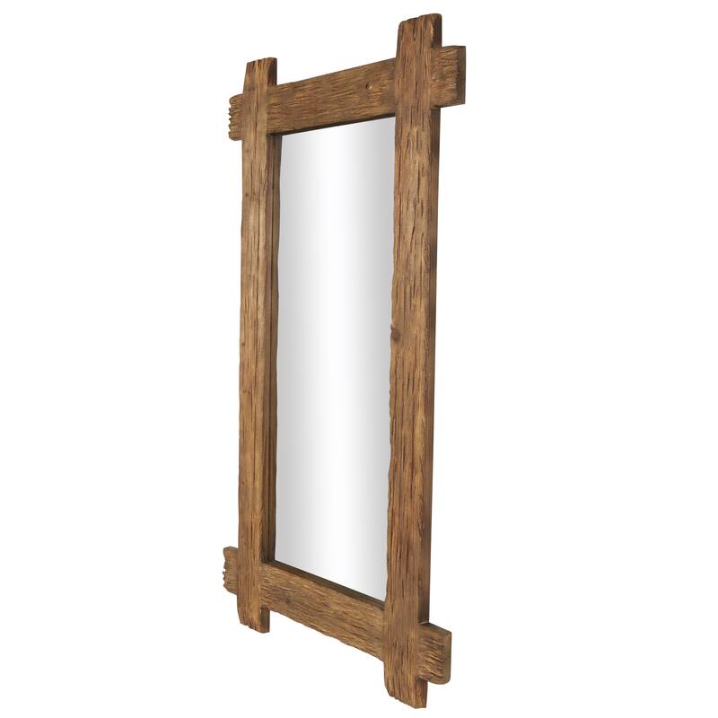 Brown Wood Room Wall Mirror with Extended Frame and Natural Wood Grain and Texture
