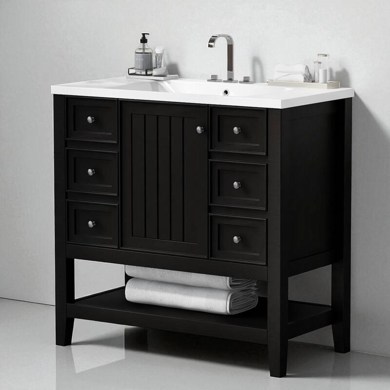 36" Freestanding Bathroom Vanity with Ceramic Sink, Cabinet & 3 Drawers, Solid Wood & MDF Construction - Black