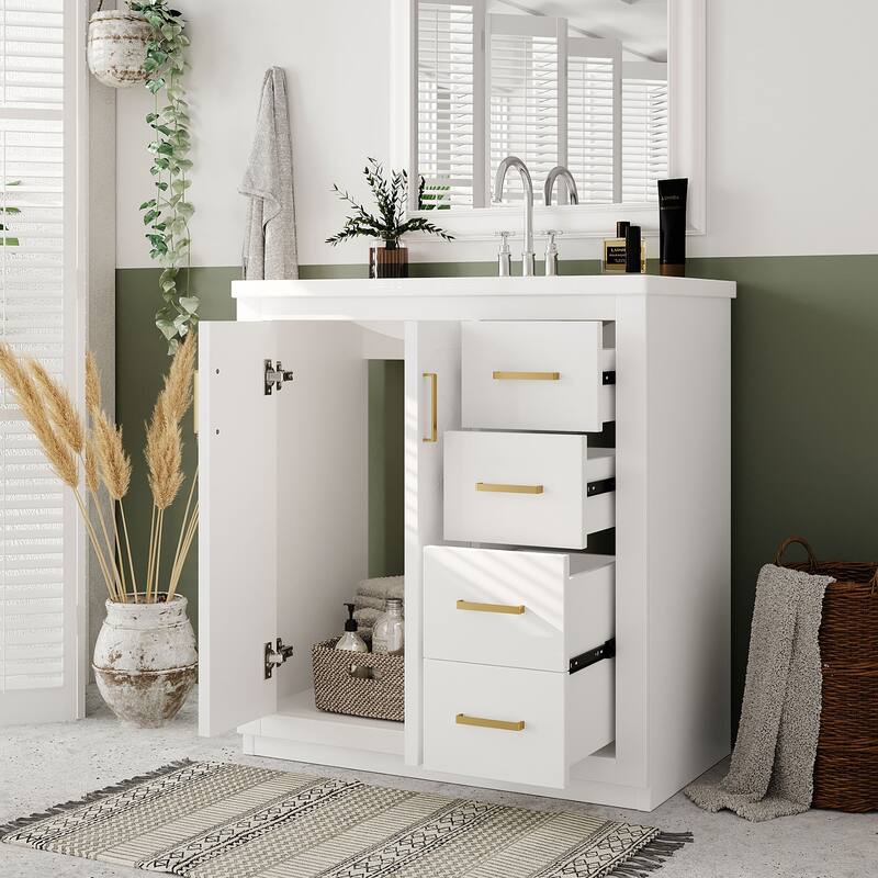 Bathroom Vanity with Ceramic Sink, Vanity Set with 3 Drawers and Doors, Bathroom Storage Cabinet with Solid Wood Frame