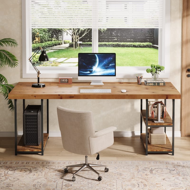 71 Inch Large Computer Desk with Shelves, Solid Wood Writing Desk for Home Office, Gaming