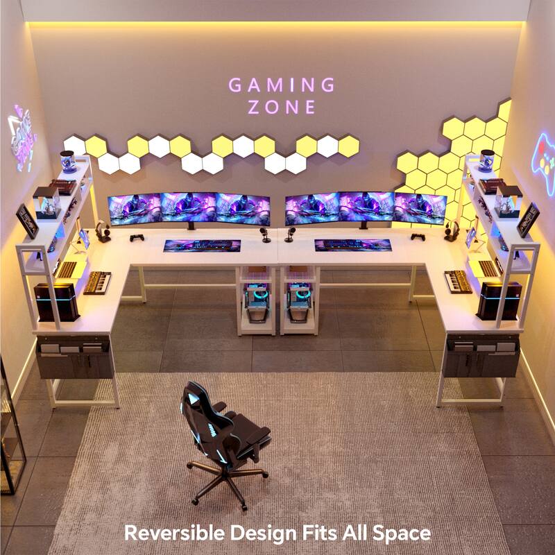 Reversible L-Shaped Desk with Storage Shelves and Hutch, Corner Desk with Charging Station and RGB LED Lights