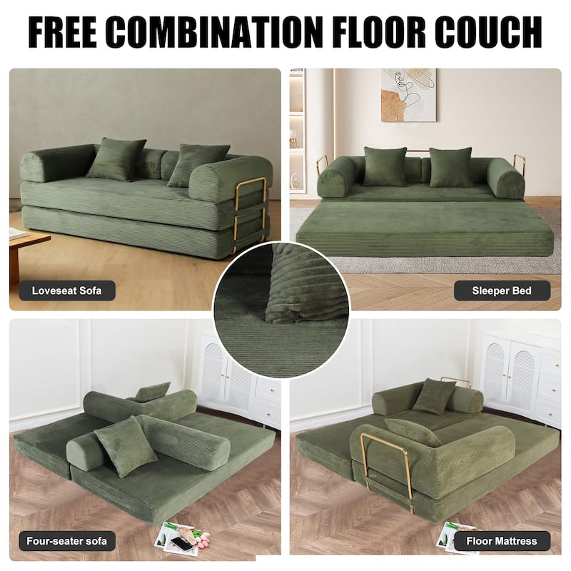 2 in 1 Foldable Sofa Bed, 75 Inch Boneless Convertible Sleeper Couch, Memory Foam Faux Fur Upholstered Floor Sofa