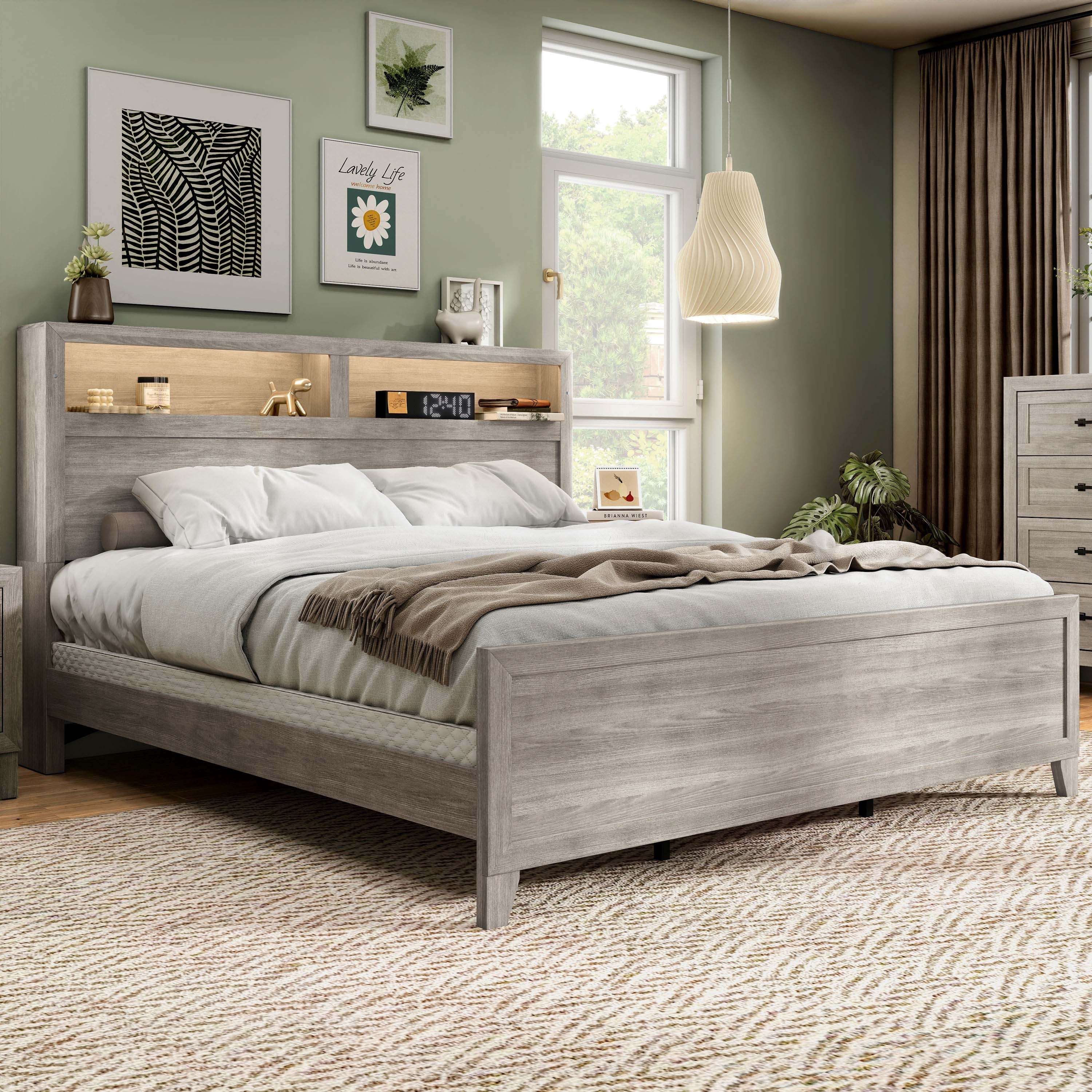 Furniture of America Holland Washed White Panel Bed with Headboard Shelves and Touch Light