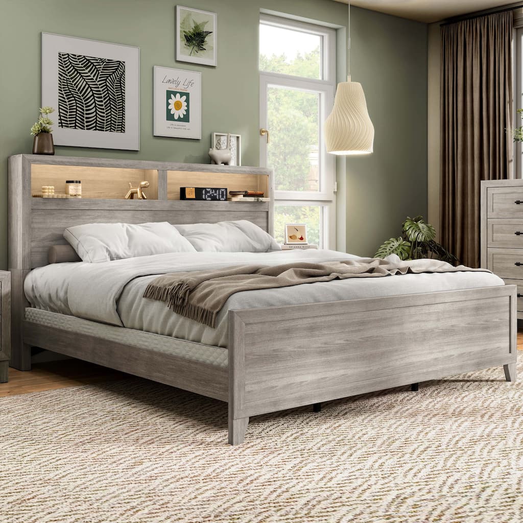 Furniture of America Holland Washed White Panel Bed with Headboard Shelves and Touch Light
