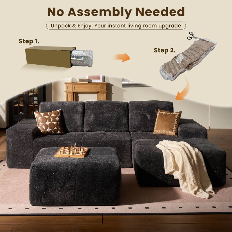 HOOOWOOO Modern Sparkly Velvet Fabric Chaise Sofa Couch with Ottoman