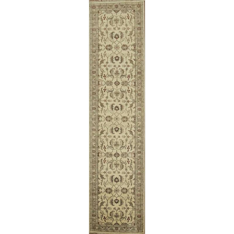 Hand Knotted Oriental 100% Wool Carpet Traditional All-Over Beige & Ivories Ziegler Runner Rug - 11' 1'' X 2' 8''