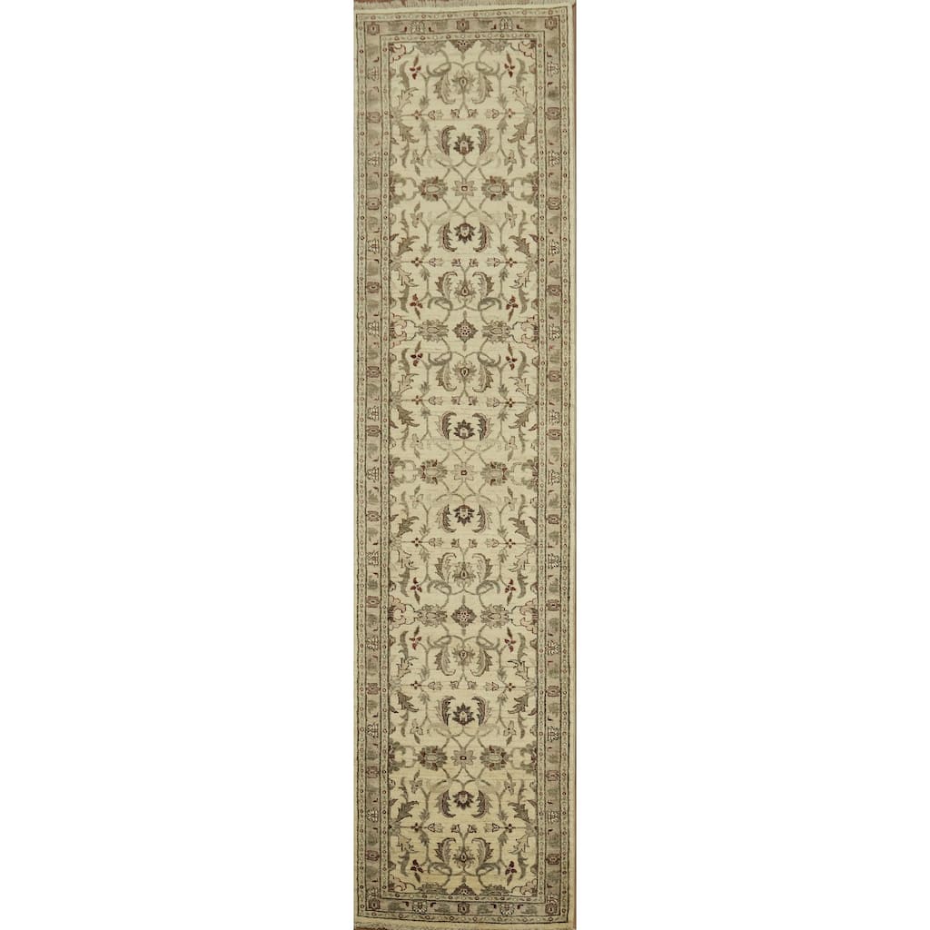 Hand Knotted Oriental 100% Wool Carpet Traditional All-Over Beige & Ivories Ziegler Runner Rug - 11' 1'' X 2' 8''