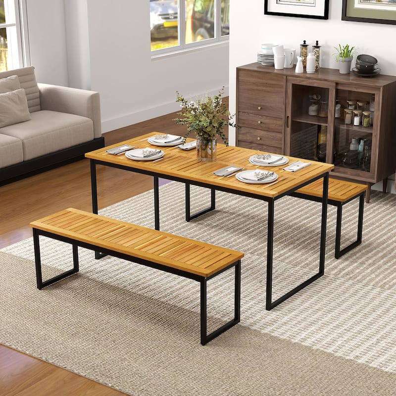 Gymax 2PCS 51'' Wooden Outdoor Bench Patio Dining Bench w/Acacia Wood