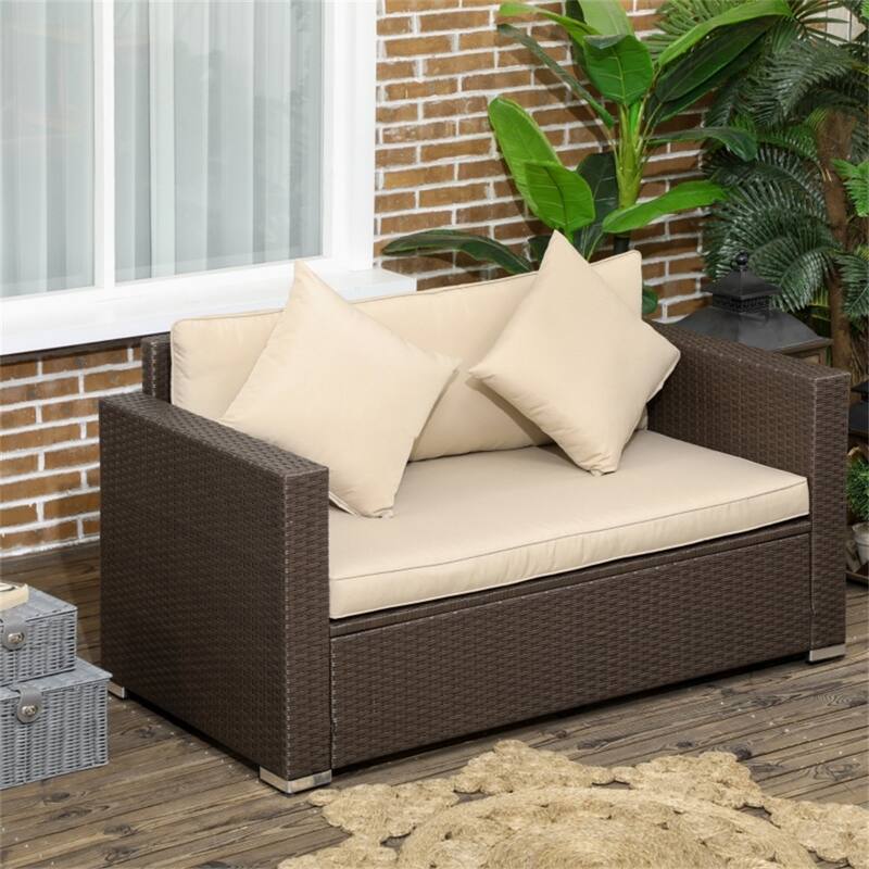 Brown Rattan Outdoor Loveseat Sofa for 2 Seaters with Cushions and Throw Pillows - 1 Piece