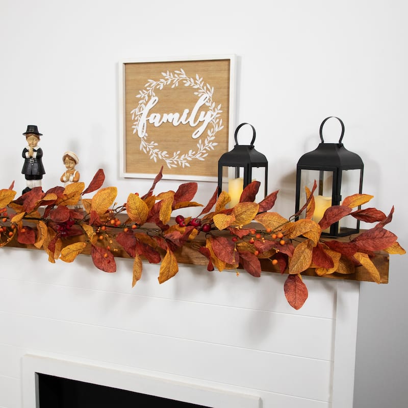 5'x8" Berries Orange Red Leaves Artificial Fall Harvest Garl, Unlit