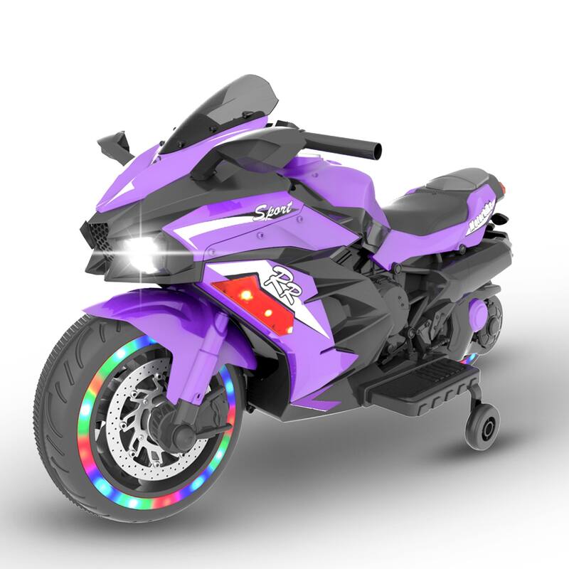 12V Kids Motorcycle, Battery Powered Ride On Bike with Lights Wheels and Bluetooth Music, Christmas Gift for Boys & Girls - Violet