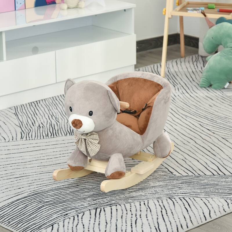 Plush Bear Rocking Horse for Toddlers with Safety Belt, Interactive Sounds, and Soft Plush Fabric - Ride-On Toy
