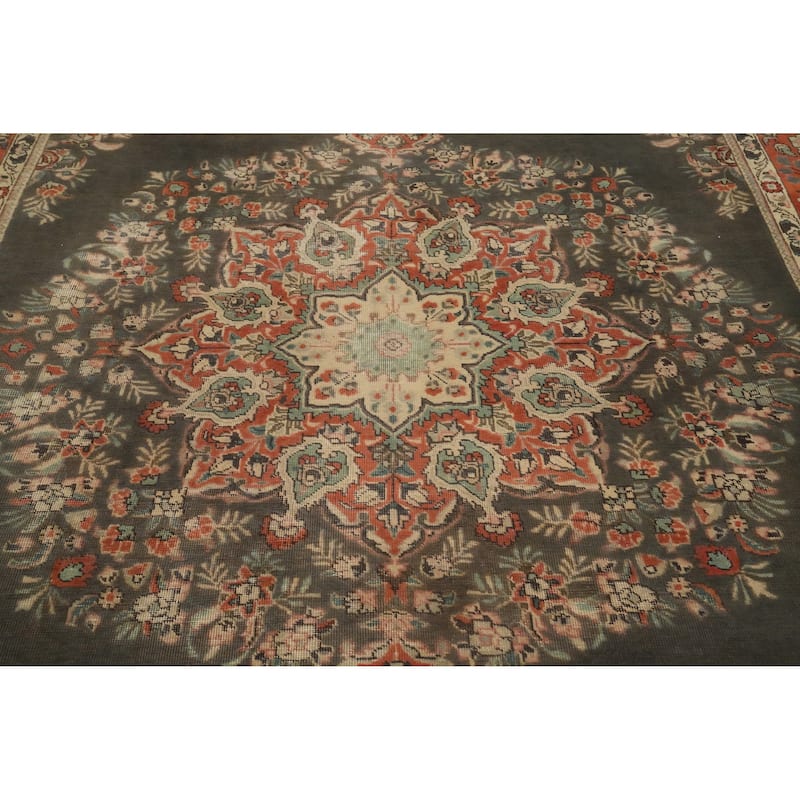 Hand Knotted Oriental 100% Wool Carpet Traditional Floral Greys & Charcoal Tabriz Area Rug - 10' 1'' X 7' 3''