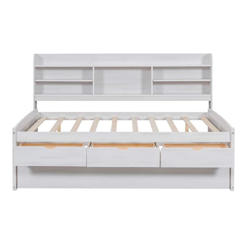 Wooden Captain Platform Bed with Trundle,3 Drawers and Built-in Bookshelves