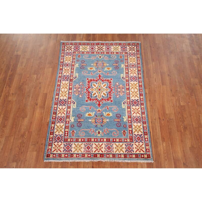 Light Blue Geometric Kazak Accent Rug Hand-Knotted Foyer Wool Carpet - 3'4" x 4'11"