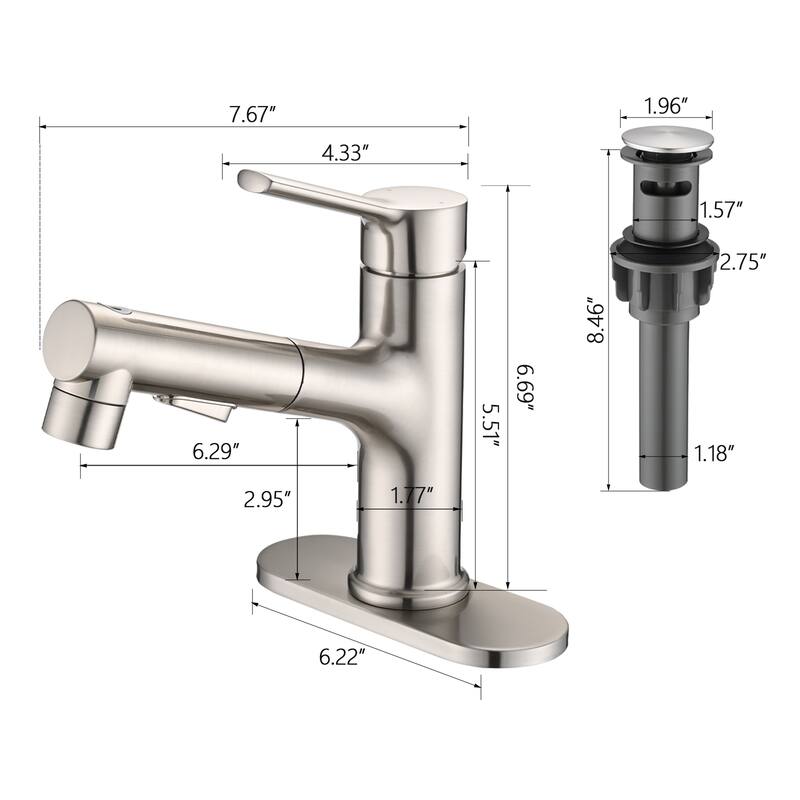 Topcraft Single Handle Pull-Out Bathroom Faucet with Pop-Up Drainer