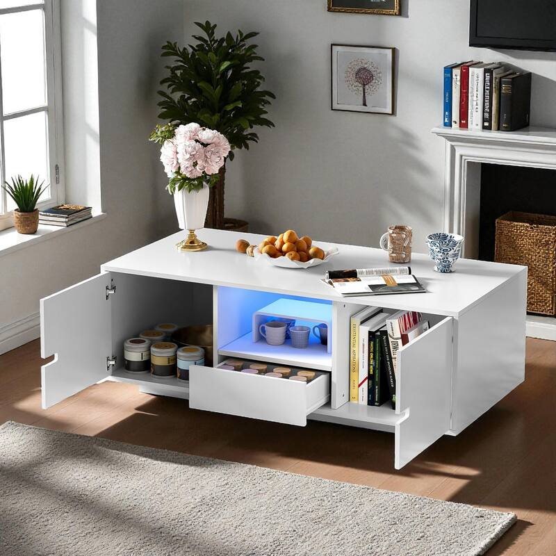 47.2'' Modern High Gloss LED Coffee Table with Storage, Rectangle Center Table with 16 Color Lights for Living Room