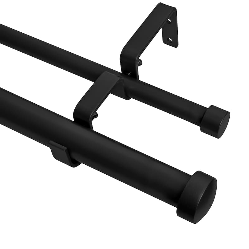 Meriville 1" Diameter Double Window Curtain Rod, End Cap Finials - Black - 28"-48"