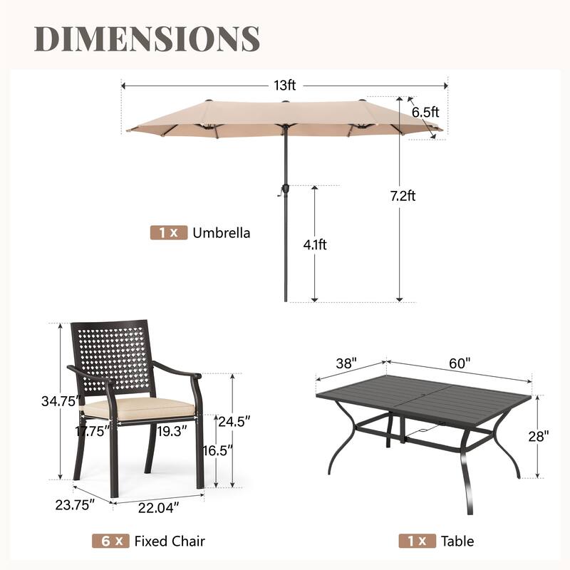 8-Piece Patio Dining Set Metal E-coating of 6 Upgraded Back Pattern Chairs & 1 Metal Table & 13FT Large Umbrella
