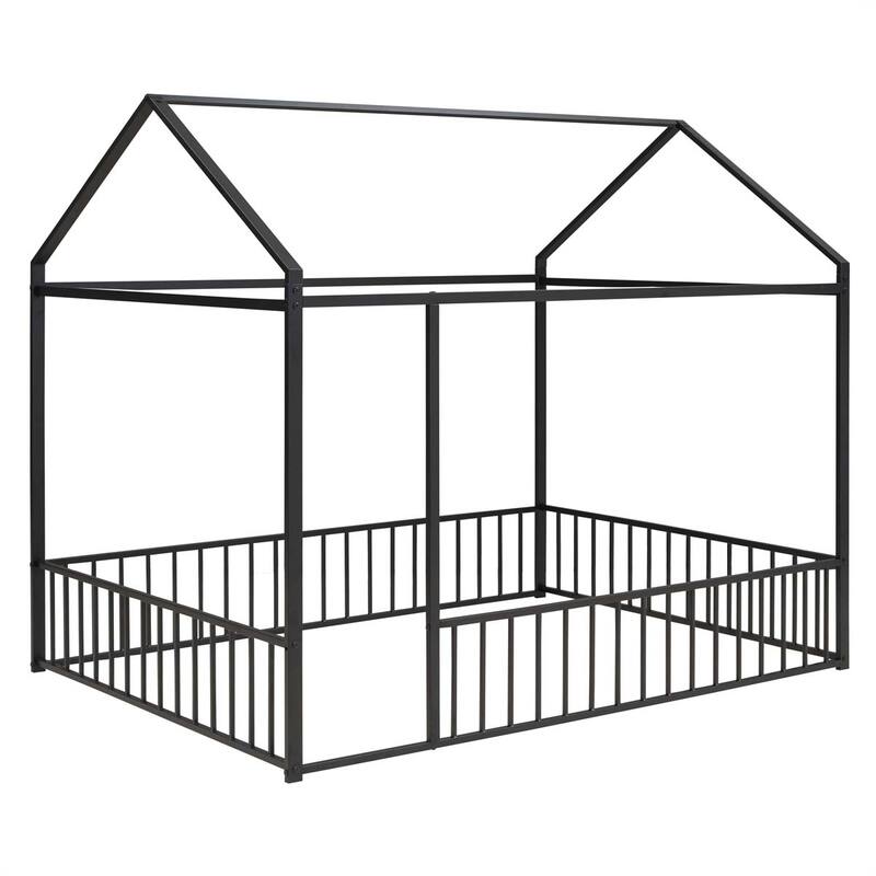 Full Size Metal Bed House Bed Frame with Fence