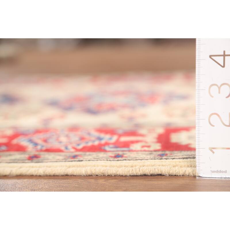 Geometric Kazak Accent Rug Hand-Knotted Beige Wool Carpet - 3'2" x 4'1"