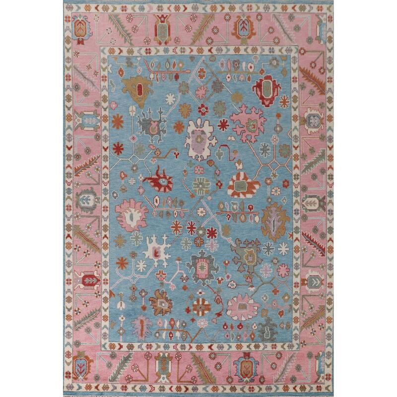 Light Blue & Pink Oushak Oriental Area Rug Handmade Wool Carpet - 8'11"x 11'10"