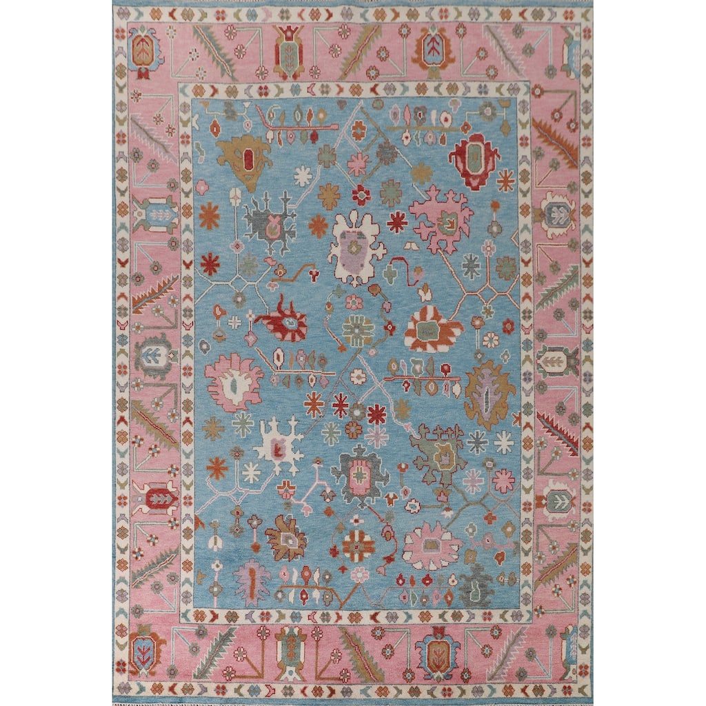 Light Blue & Pink Oushak Oriental Area Rug Handmade Wool Carpet - 8'11"x 11'10"