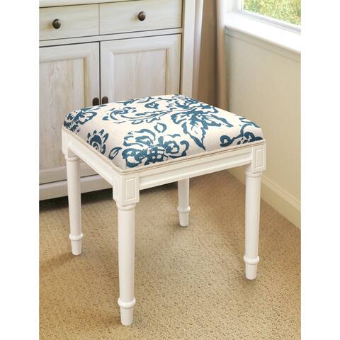 Navy Blue Painterly Toile Vanity Stool with White Frame