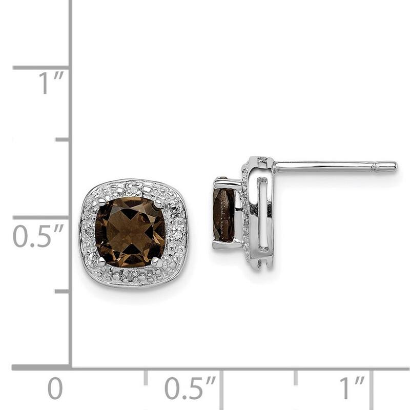 Curata 925 Sterling Silver Polished Rhodium Smokey Quartz and Diamond Post Earrings - 10x10mm Wide