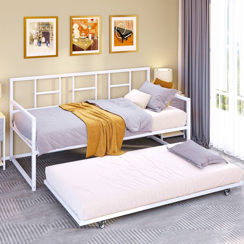 Twin White/Black Pull-out Metal Bed - White