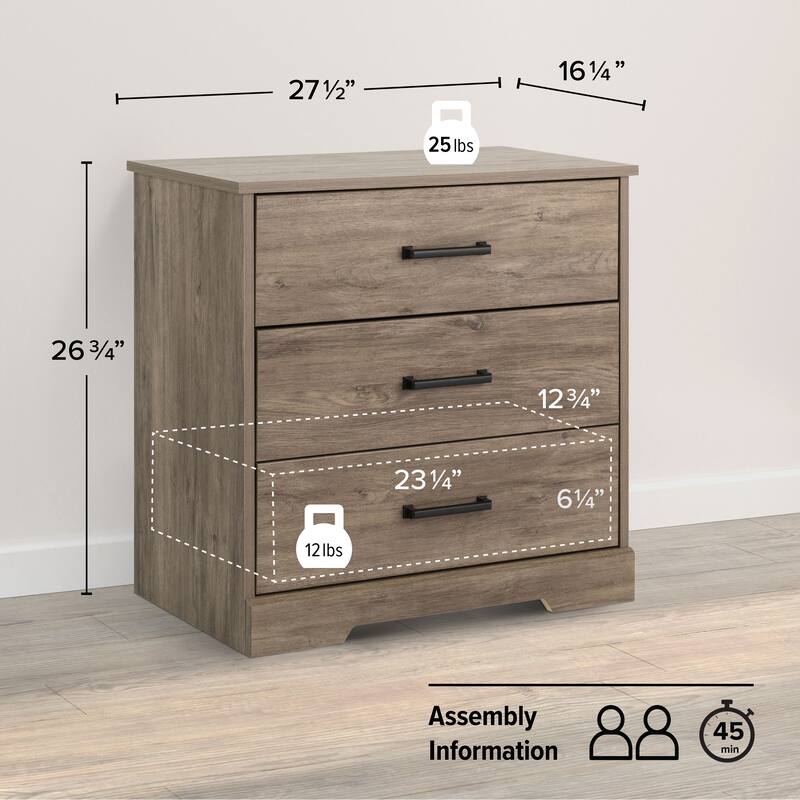 Prepac Rustic Ridge Farmhouse Nightstand Bedside Table, Nightstand for Bedroom, End Table with 3 Drawers
