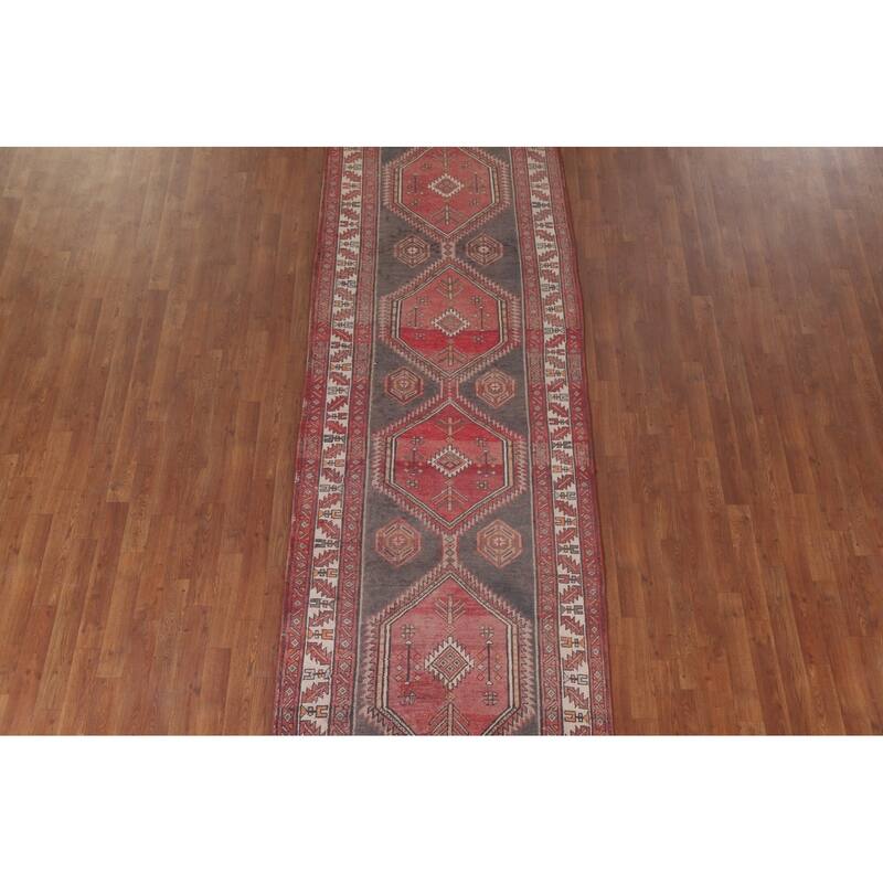Hand Knotted Oriental 100% Wool Carpet Traditional Geometric Greys & Charcoal Ardebil Runner Rug - 12' 9'' X 3' 7''