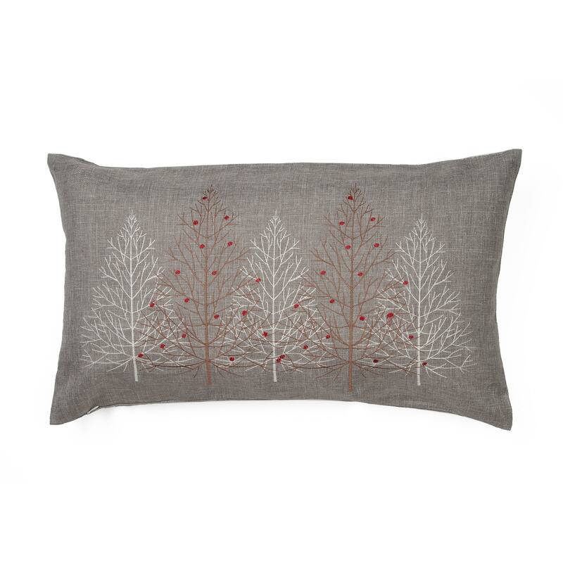 Festive Trees Embroidered Christmas Pillow, 12 by 20-Inch, White - Gray