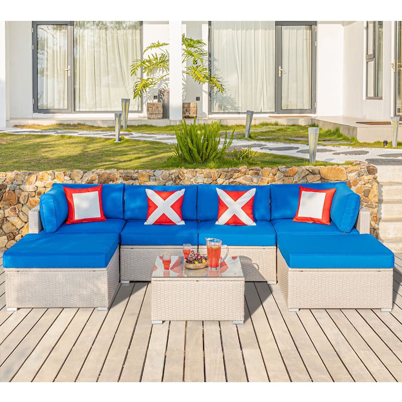 COSIEST 7-Piece Outdoor Patio Wicker Sectional Sofa with Coffee Table - BeigeWicker+BrilliantBlueCushion
