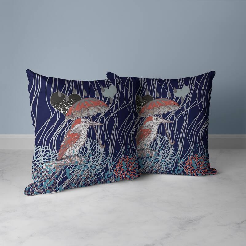 Bird with Umbrella Faux Suede Reversible Throw Pillow Blue and Copper