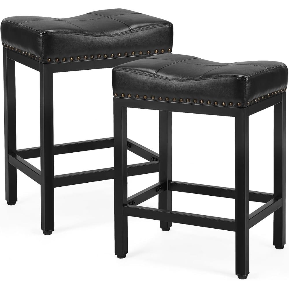 Bar Stools Set of 2, 24 inch Counter Height Saddle Stools, Upholstered Modern Kitchen Barstools with Metal Base, PU Leather